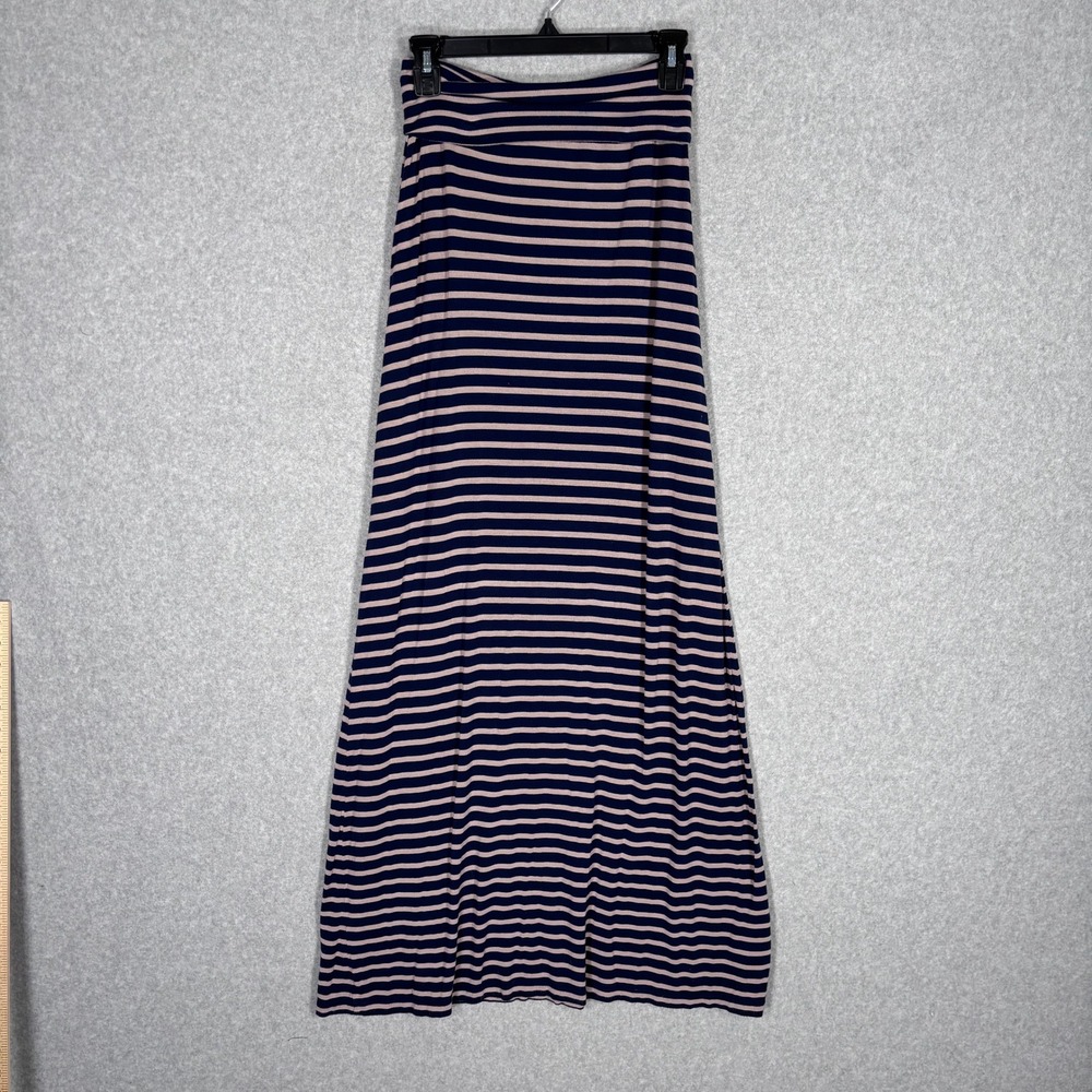 Max Studio Maxi Skirt Small Navy Tan Striped Fold Over Waist Soft Comfort Casual